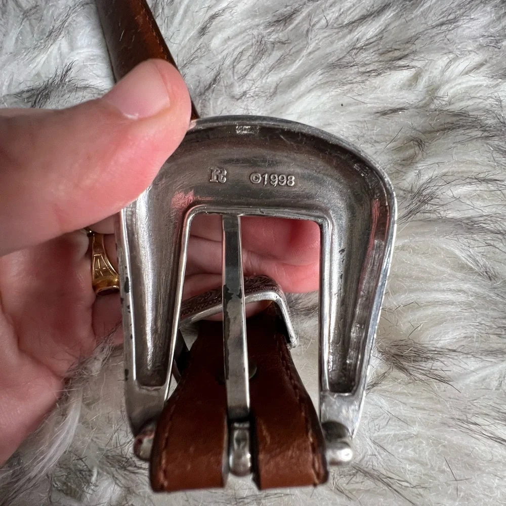 Nocona brown leather belt and ornate silver belt buckle
